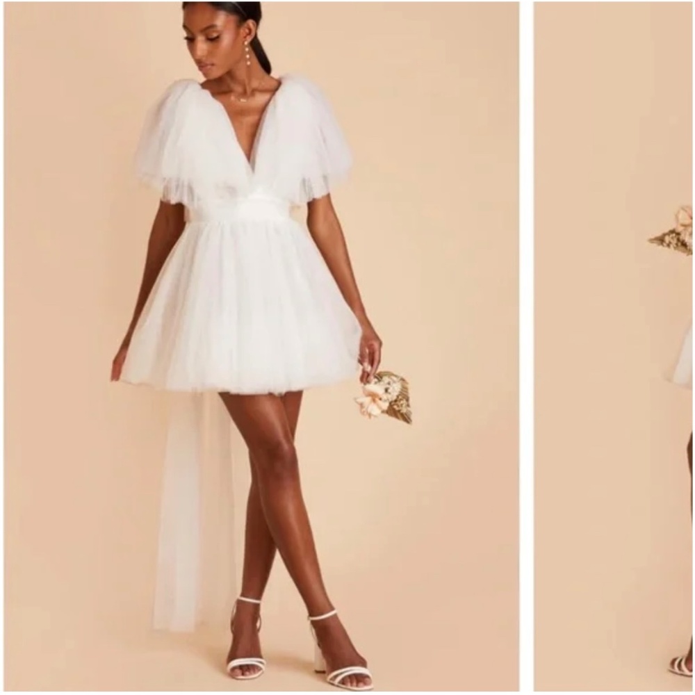 Tulle Mini White Dress With Bow and Train- tulle on shoulders removed